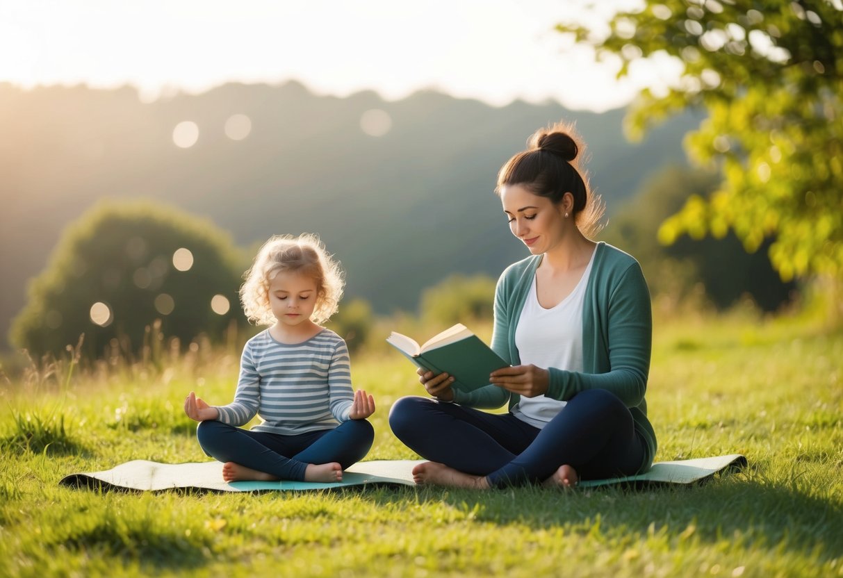 A serene morning scene with a parent and child engaging in calming activities like yoga, reading, and nature walks