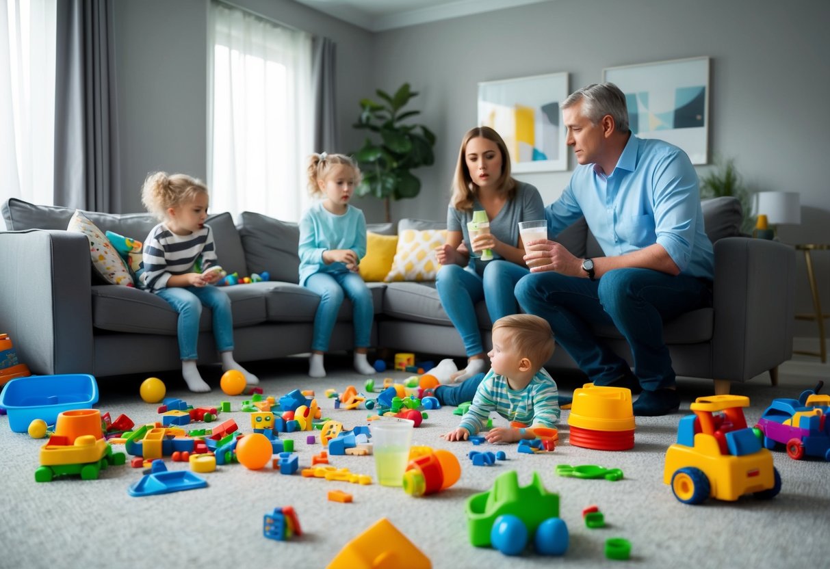 A family room with scattered toys, a spilled drink, and tense body language between family members