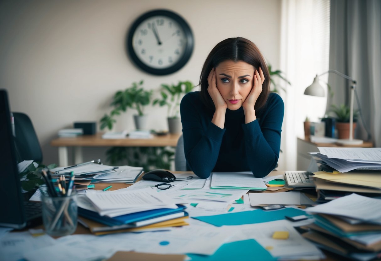 A cluttered desk with scattered papers and a disorganized workspace, a clock ticking in the background, and a frazzled expression on a person's face