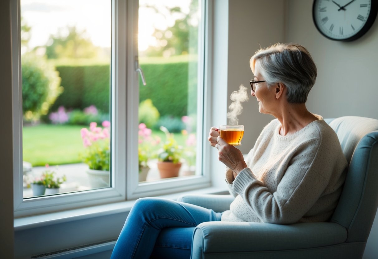 A parent sits in a cozy chair, sipping tea while gazing out a window at a peaceful garden. A clock on the wall shows it's time for a short break