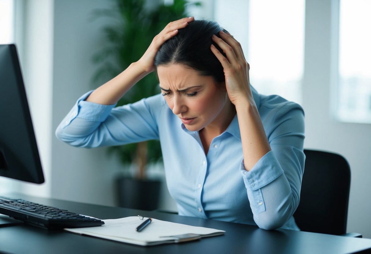 A person sitting at a desk, holding their head in pain, with a tense and strained expression on their face