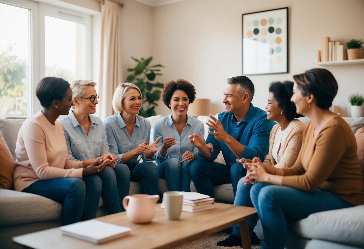 A group of parents gather in a cozy living room, sharing advice and support. A warm, comforting atmosphere surrounds them as they engage in conversation and offer each other encouragement