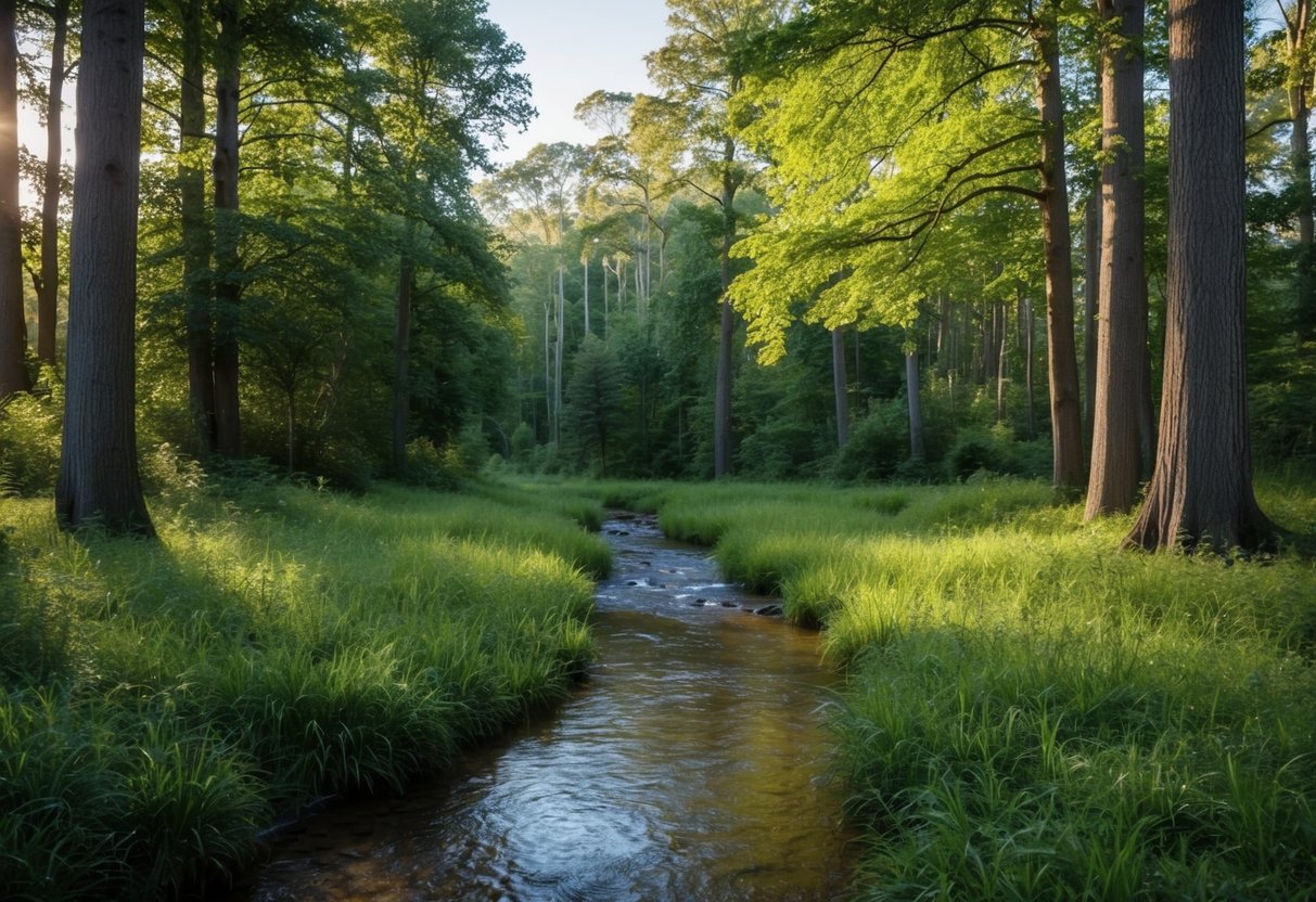 A serene forest clearing with a gentle stream, surrounded by tall trees and dappled sunlight, conveying a sense of peace and tranquility amidst the chaos of parenthood