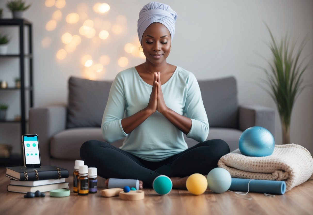 A serene parent surrounded by calming tools: a journal, meditation app, soothing tea, exercise equipment, stress ball, essential oils, calming music, and a cozy blanket