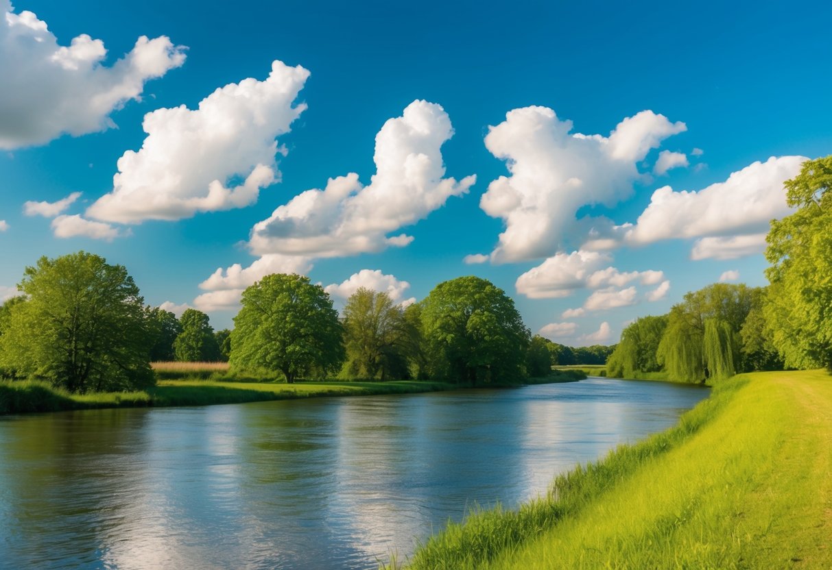 A serene nature scene with a calm river, lush green trees, and a bright blue sky with fluffy white clouds