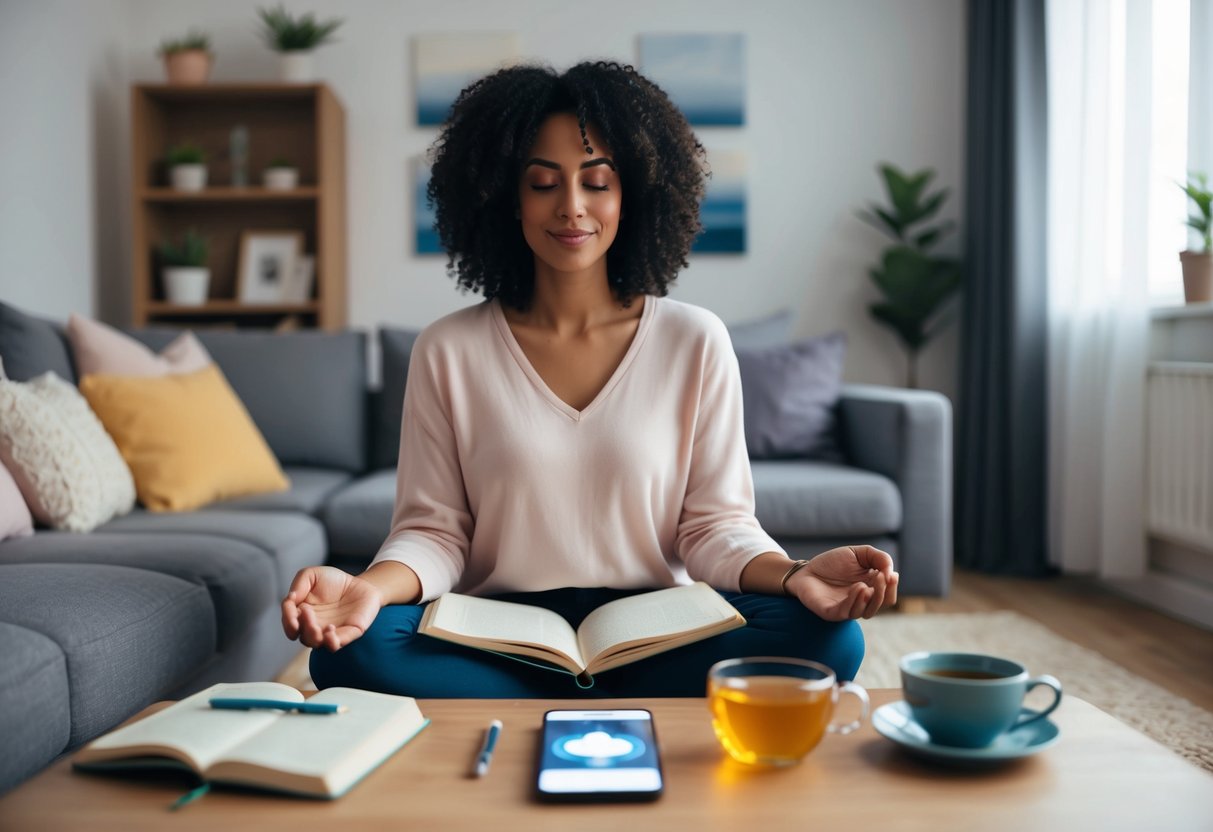 A peaceful parent sitting in a cozy room, surrounded by calming tools such as a journal, meditation app, and soothing tea