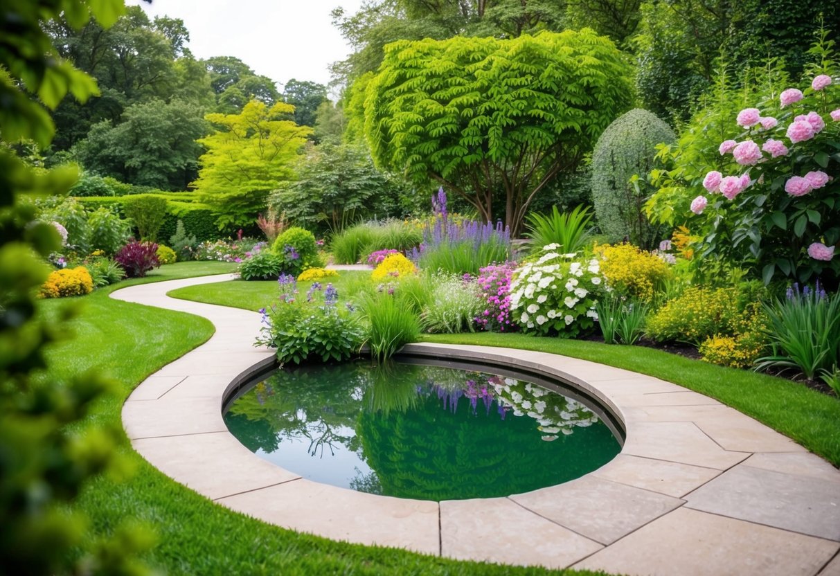 A serene garden with a winding path, blooming flowers, and a peaceful pond surrounded by lush greenery