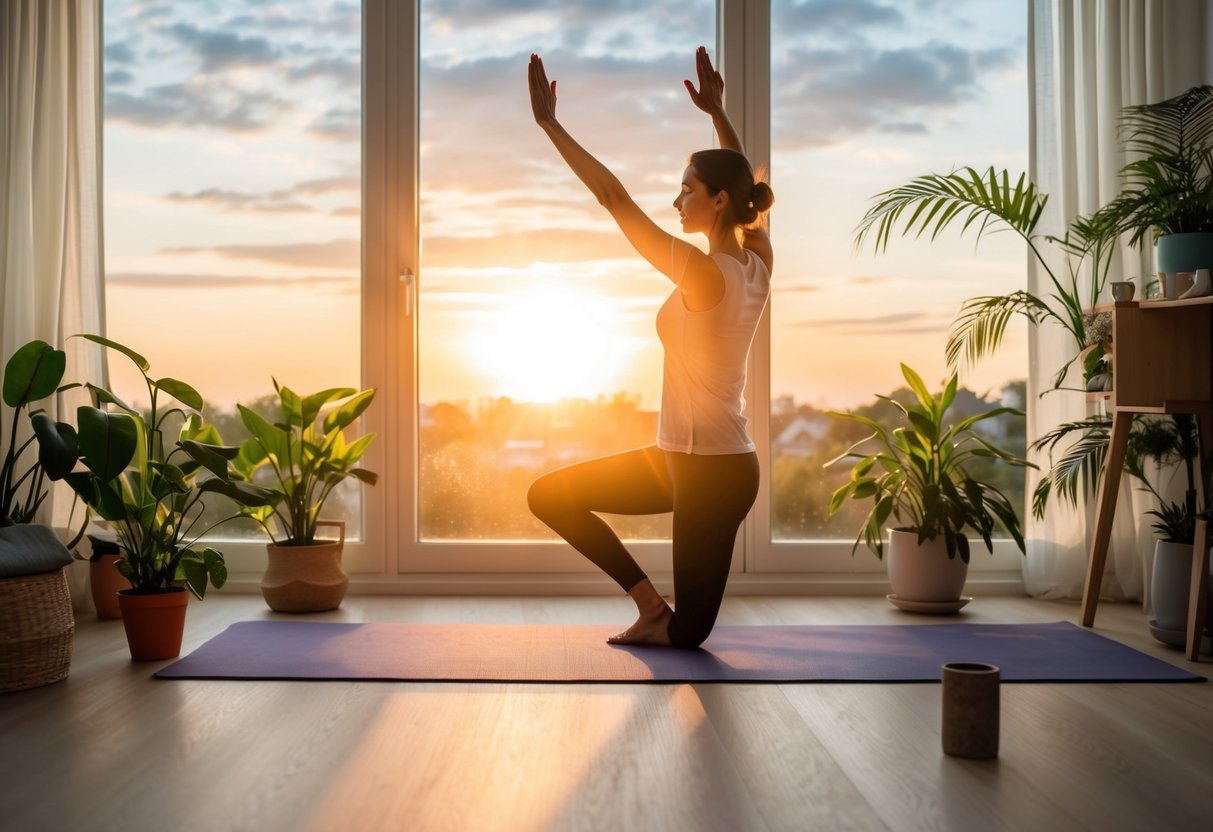 A serene morning sunrise over a peaceful home, with a parent practicing yoga in a sunlit room, surrounded by plants and calming decor