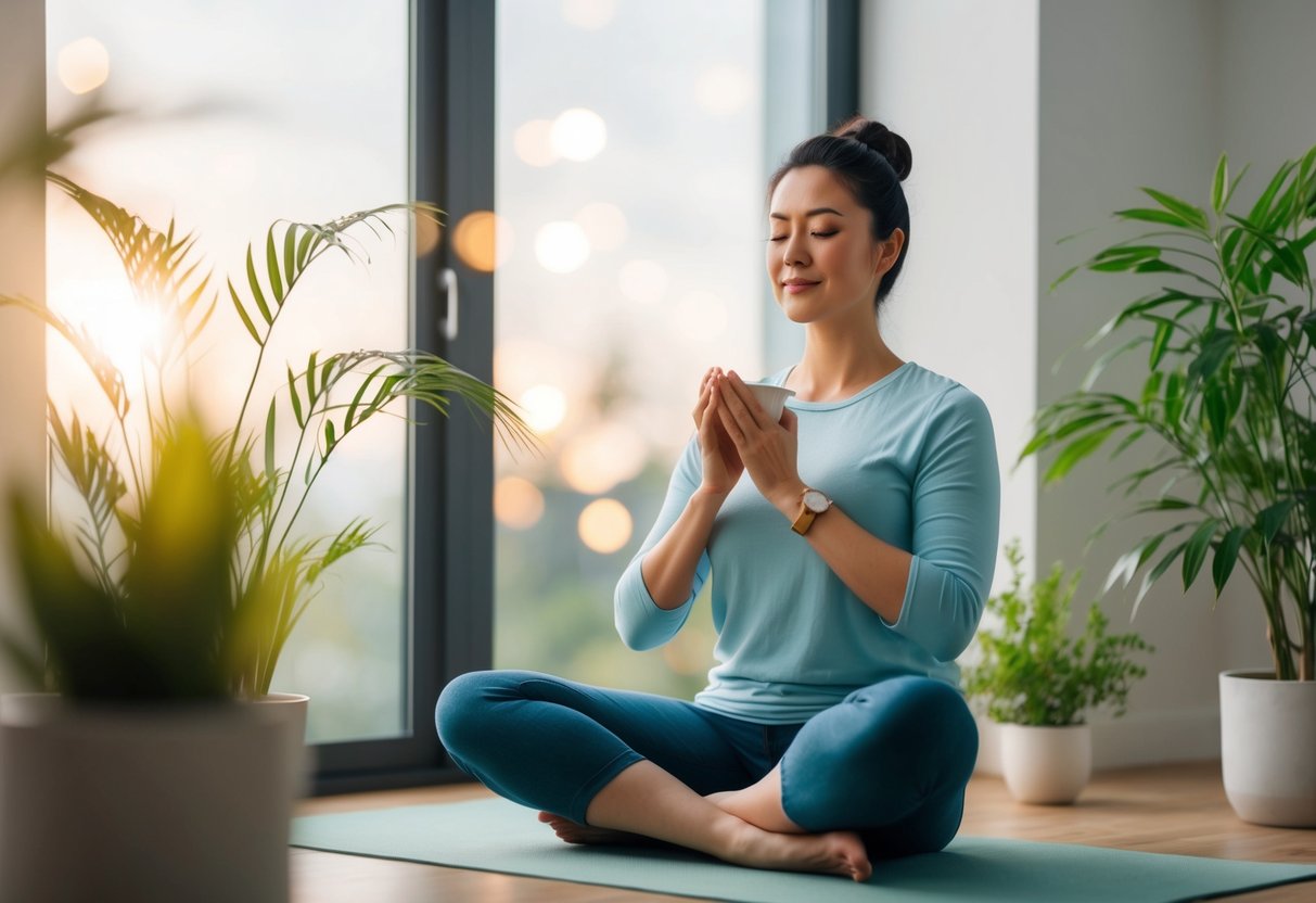 A serene morning scene with a parent enjoying a cup of tea while practicing deep breathing exercises, surrounded by calming elements like plants and soft lighting