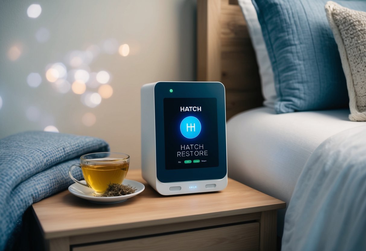 A serene bedroom with a Hatch Restore device on the nightstand, surrounded by calming elements like a cozy blanket and a cup of herbal tea