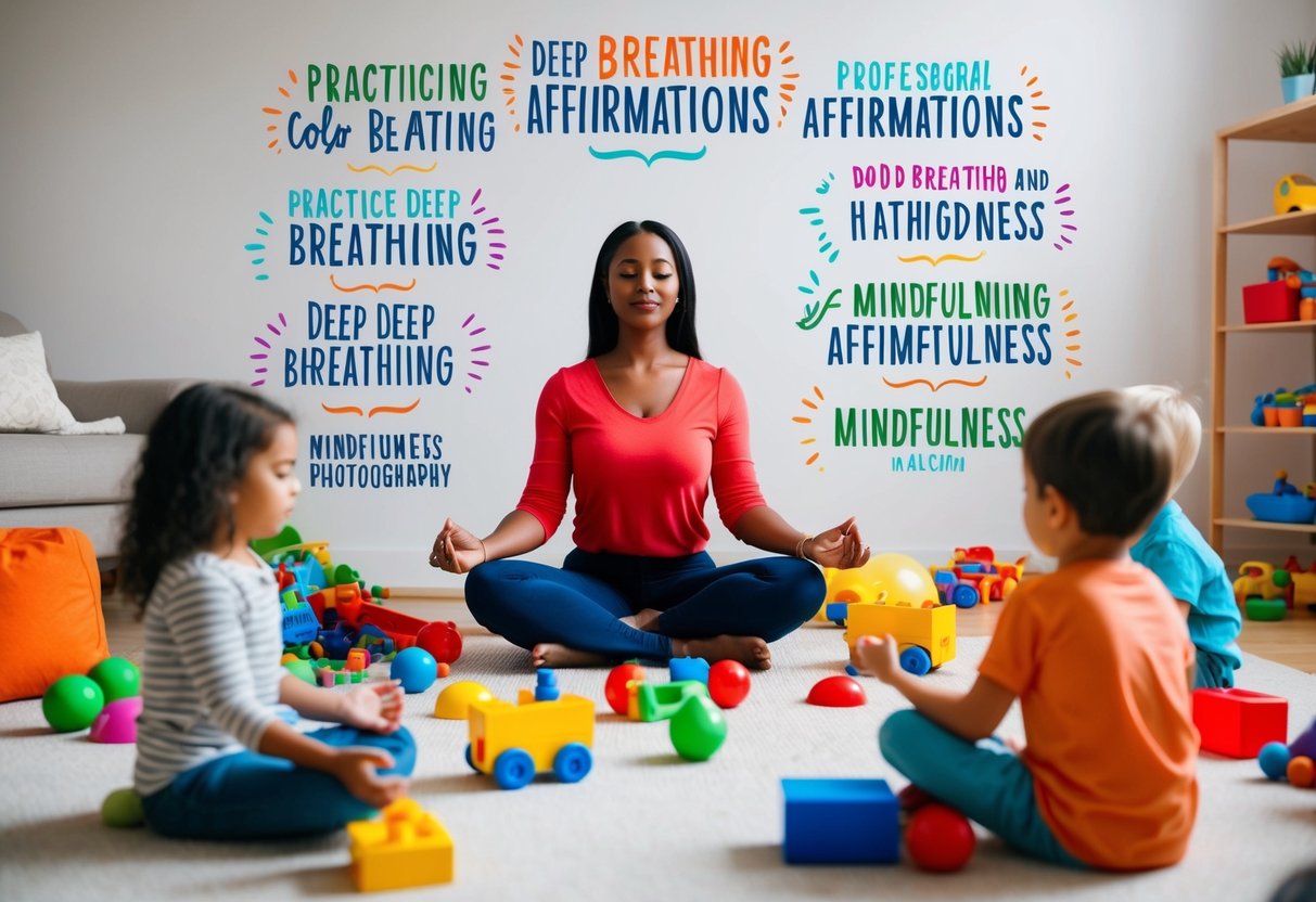 A serene parent surrounded by colorful affirmations, practicing deep breathing and mindfulness amidst the chaos of toys and children playing