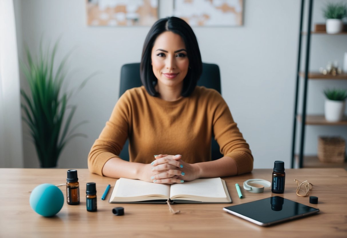 A parent sitting at a desk with a journal, surrounded by calming tools such as a stress ball, essential oils, and a soothing playlist