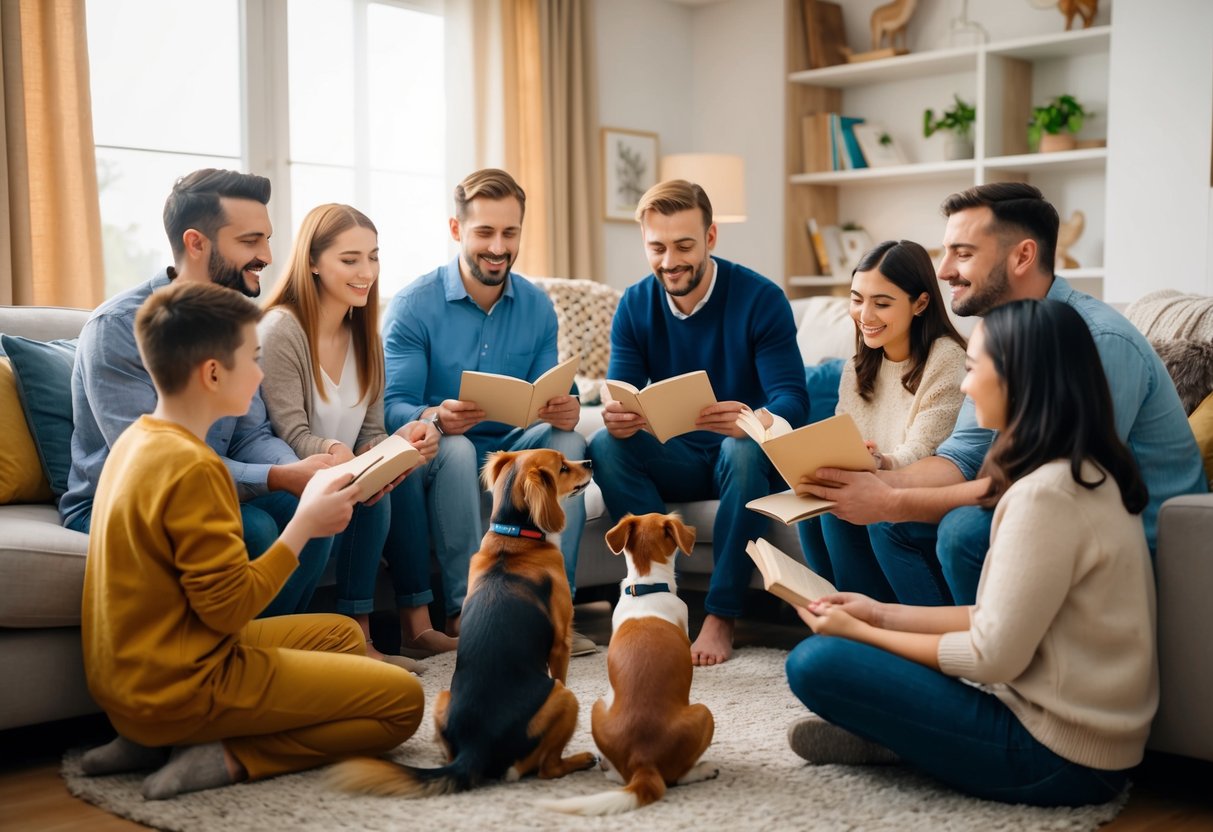 A group of diverse animal friends gather in a cozy living room, offering support and comfort to a stressed-out parent. They sit in a circle, sharing stories and offering words of encouragement