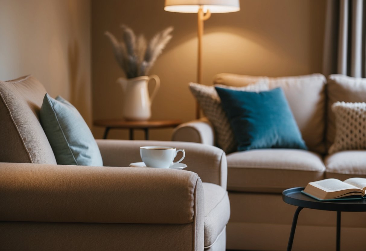 A cozy living room with a warm color palette, soft lighting, and comfortable seating. A cup of tea and a book sit on a side table, inviting relaxation