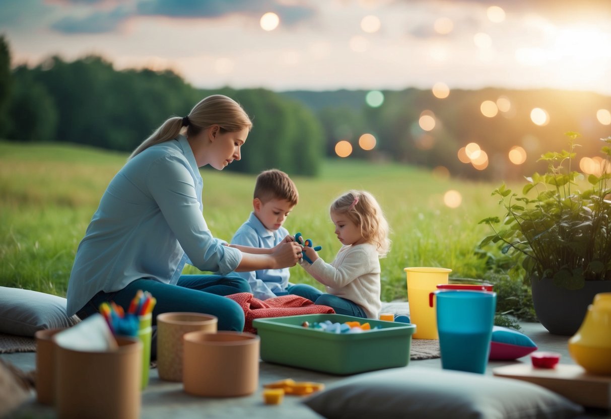 A serene landscape with a parent using calming tools amidst a chaotic household