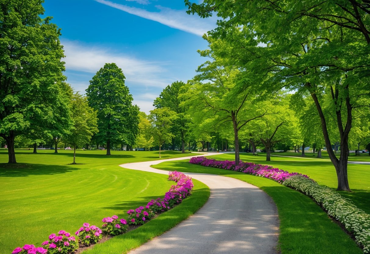 A serene park with a winding trail, surrounded by lush green trees and vibrant flowers, with a clear blue sky overhead