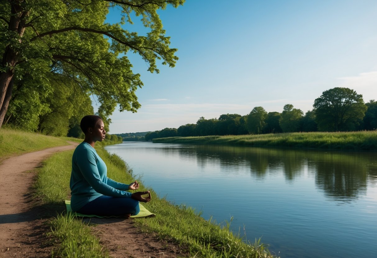 A serene landscape with a calm river, green trees, and a clear blue sky. A person meditates on a peaceful riverbank, surrounded by nature