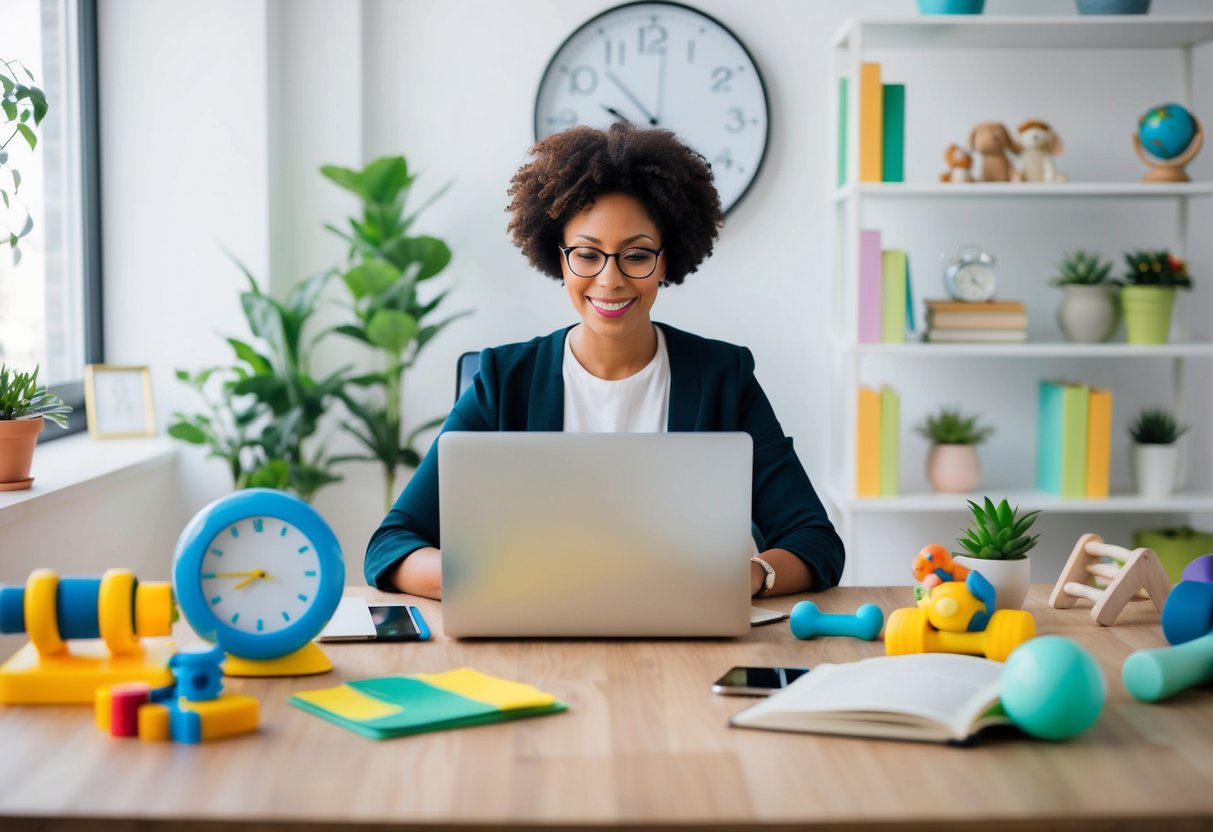 A parent juggling work, family, and self-care, surrounded by a clock, laptop, children's toys, exercise equipment, and calming elements like plants and books