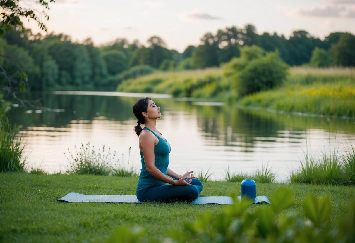 A serene natural setting with a calm body of water, surrounded by lush greenery and peaceful wildlife, with a figure practicing deep breathing exercises