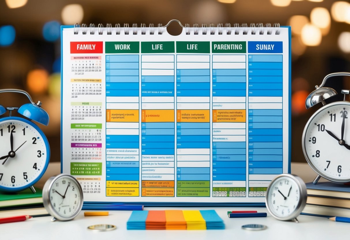 A busy family calendar with color-coded sections for work, life, and parenting activities, surrounded by clocks and symbols of stress relief