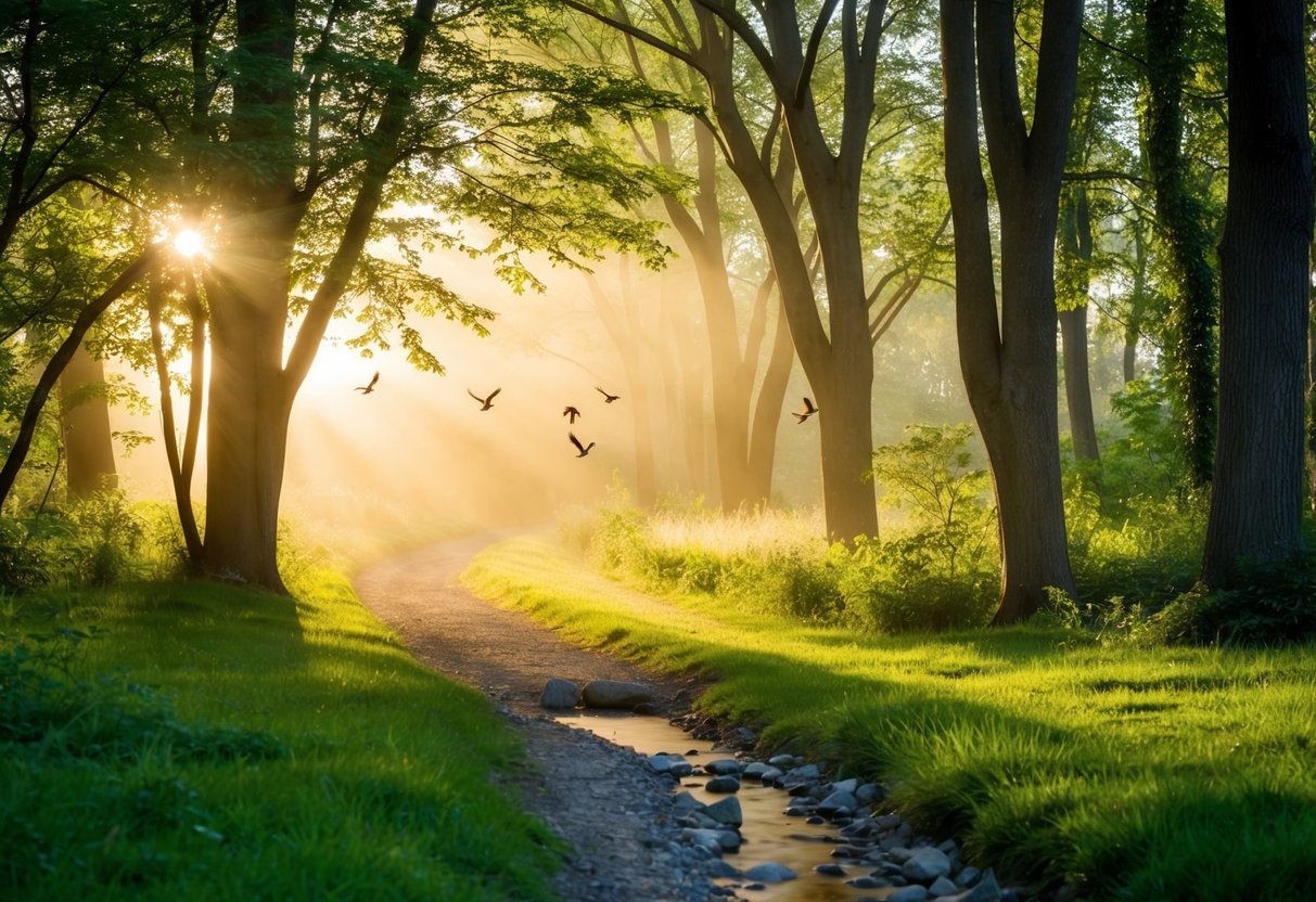 A peaceful forest path with sunlight filtering through the trees, birds chirping, and a gentle stream flowing nearby