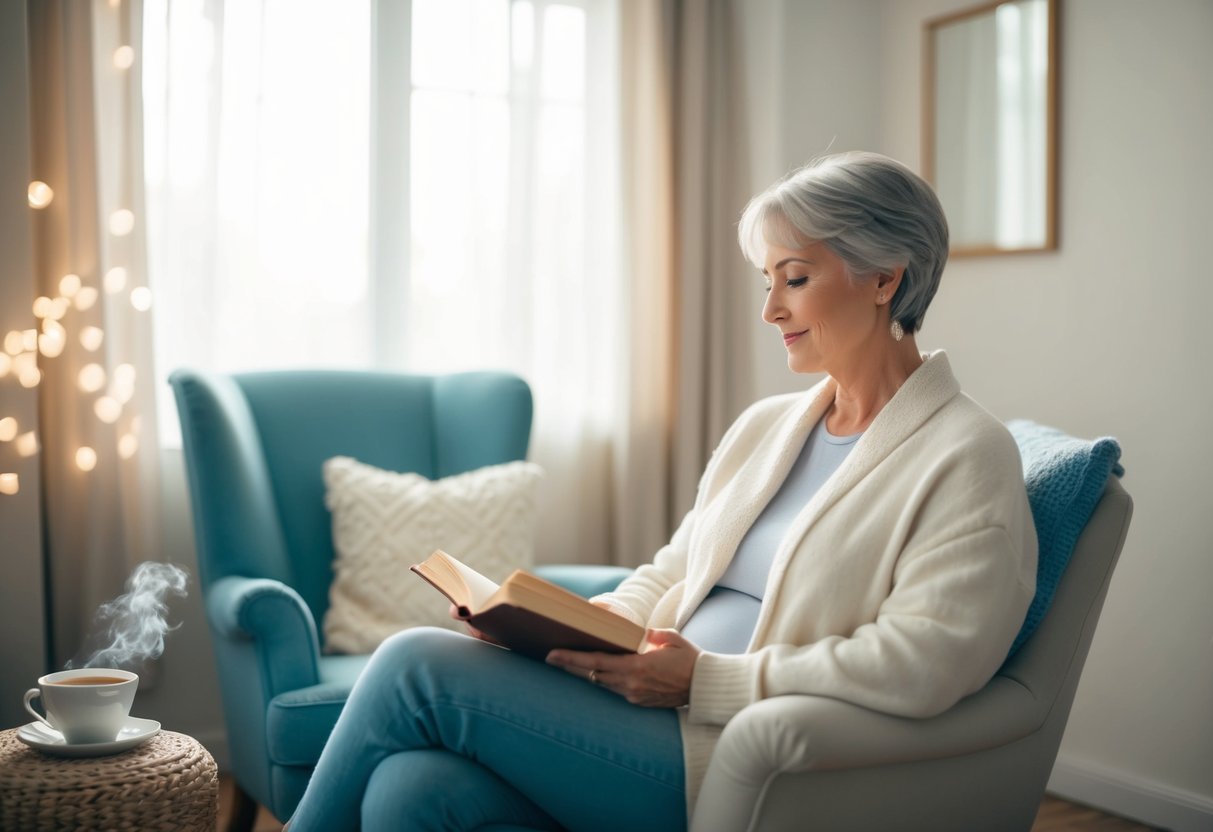 A serene parent surrounded by calming elements like a cozy chair, warm cup of tea, and a comforting book, while soft light filters in through the window