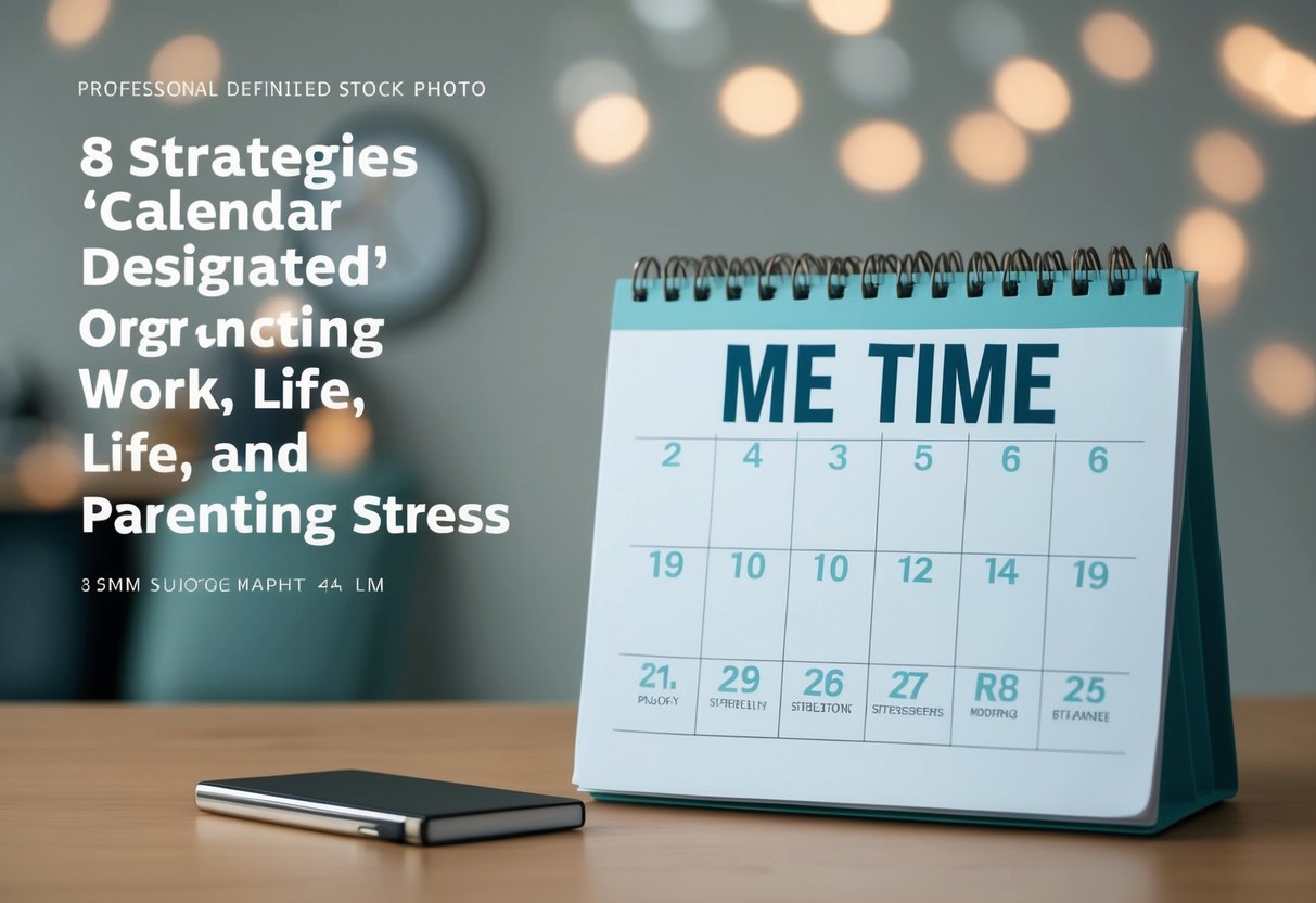 A calm, organized calendar with designated "me-time" highlighted among 8 strategies for balancing work, life, and parenting stress