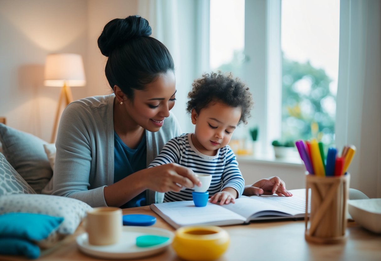 A peaceful morning scene with a parent and child engaging in a calming routine, surrounded by comforting objects and a sense of order