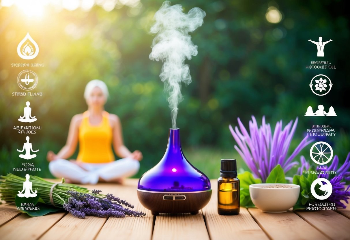 A serene setting with a diffuser emitting lavender oil, surrounded by various stress-relieving activities like yoga, meditation, and nature walks