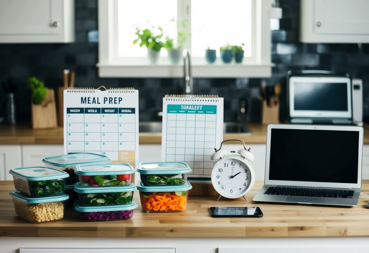 A kitchen counter with organized meal prep containers, a weekly meal planner, a calendar, a to-do list, a laptop, and a clock