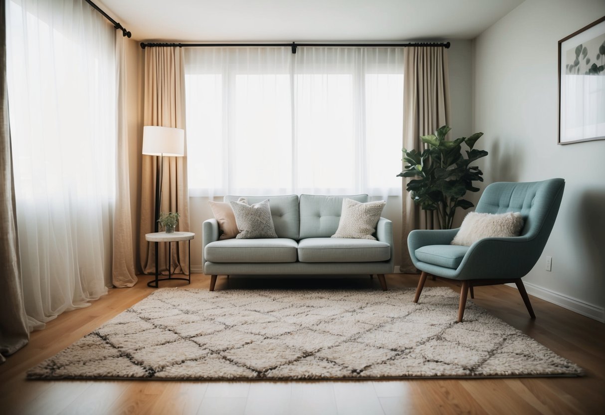 A serene, clutter-free living room with soft natural lighting, a cozy rug, and a comfortable chair for meditation