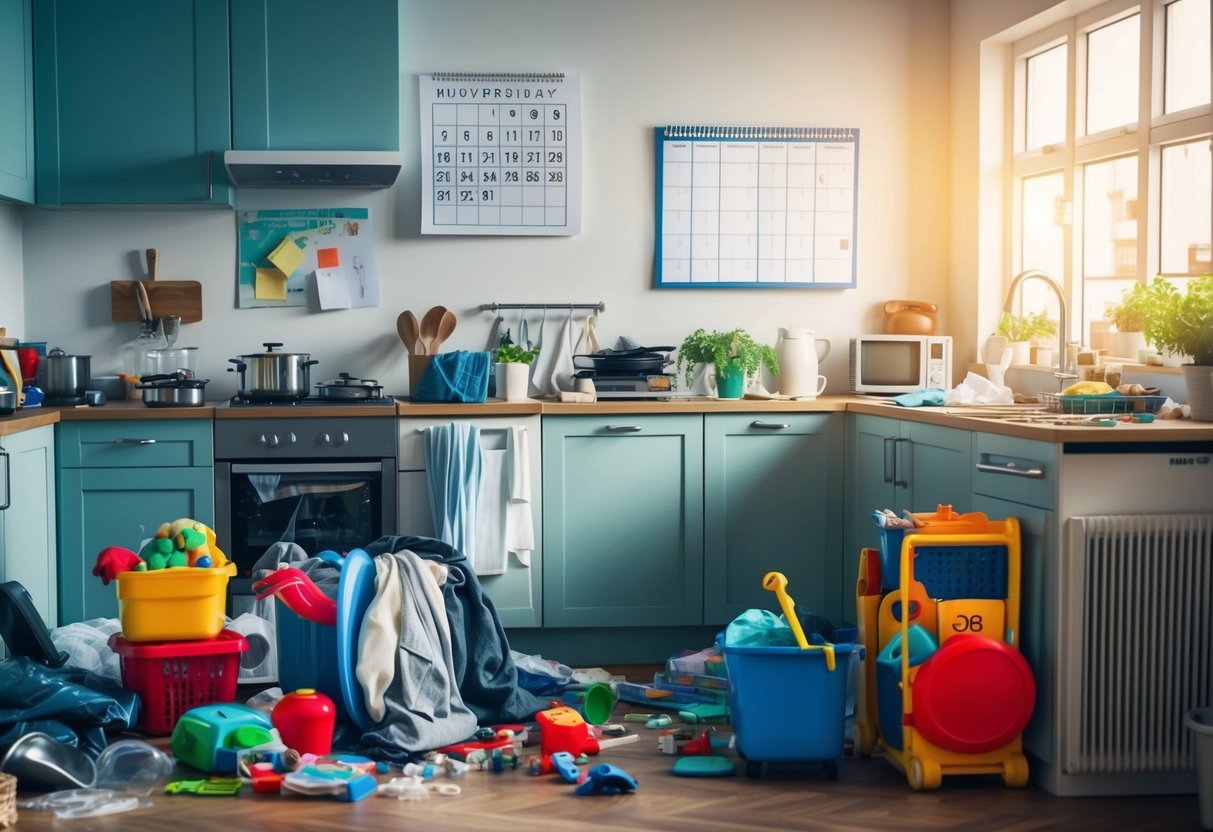 A cluttered kitchen with dishes, laundry, and toys scattered around. A calendar on the wall shows a packed schedule