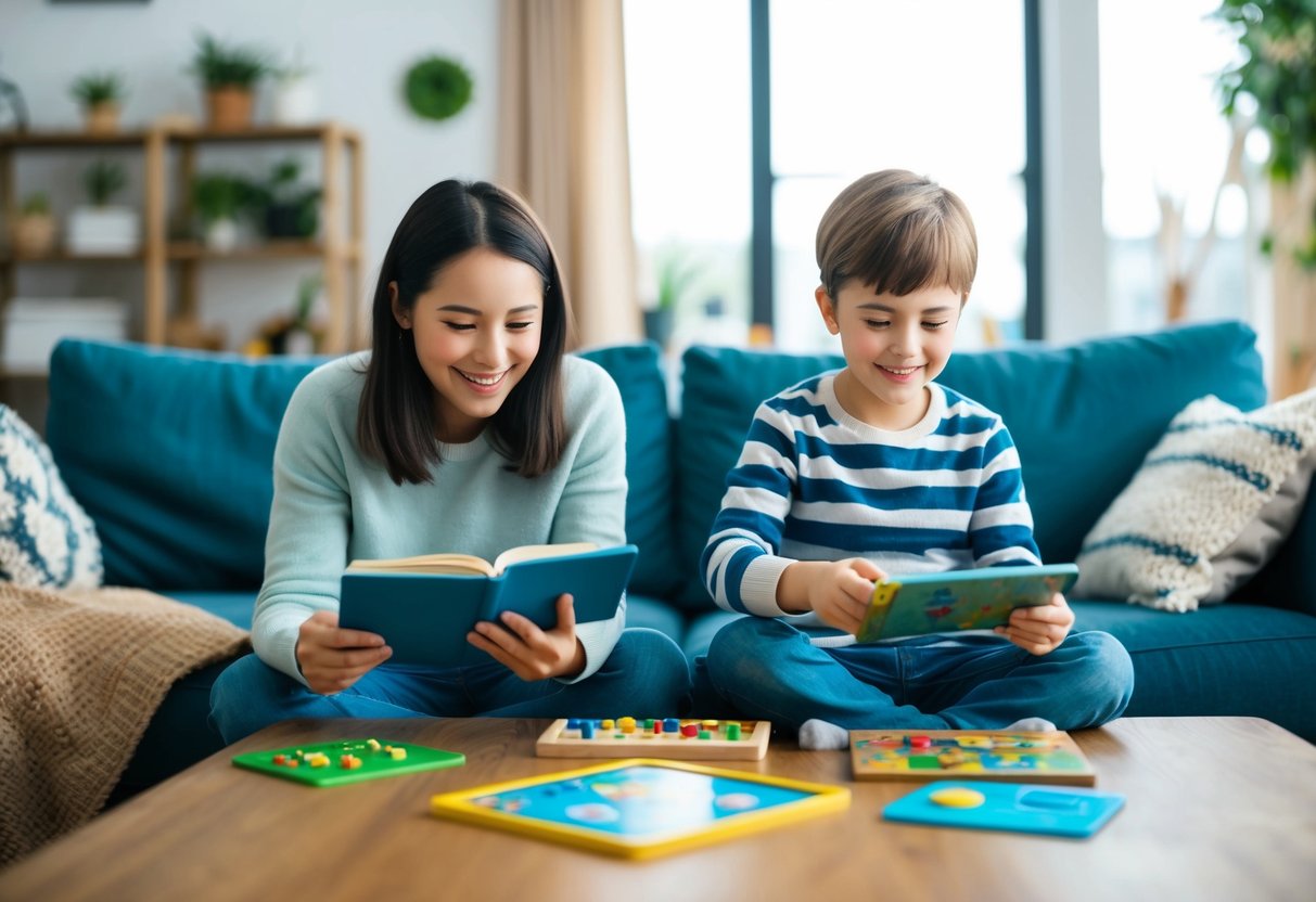 A cozy living room with a parent and child engaging in a variety of screen-free activities such as reading, playing board games, and doing arts and crafts together