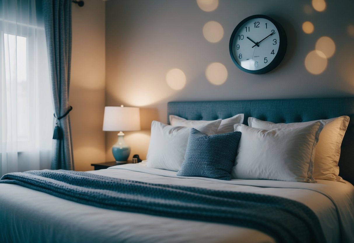 A cozy bedroom with a peaceful atmosphere, a comfortable bed with soft pillows and blankets, dim lighting, and a clock showing a reasonable bedtime