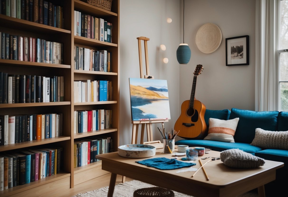 A cozy living room with a bookshelf filled with novels, a painting easel, a guitar resting in the corner, and a table set with art supplies and knitting materials