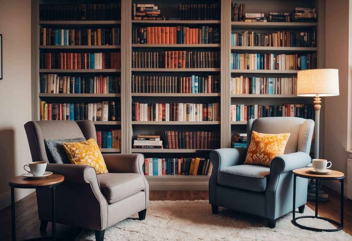 A cozy living room with a bookshelf filled with novels, a comfortable armchair, and a warm cup of tea on a side table