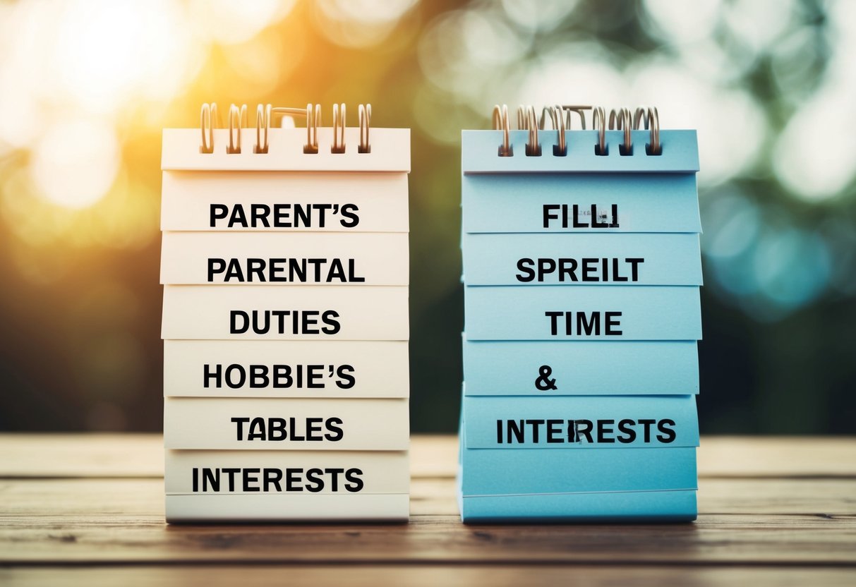 A parent's schedule split into two halves: one side filled with parental duties, the other side with hobbies and interests, symbolizing balance and time management