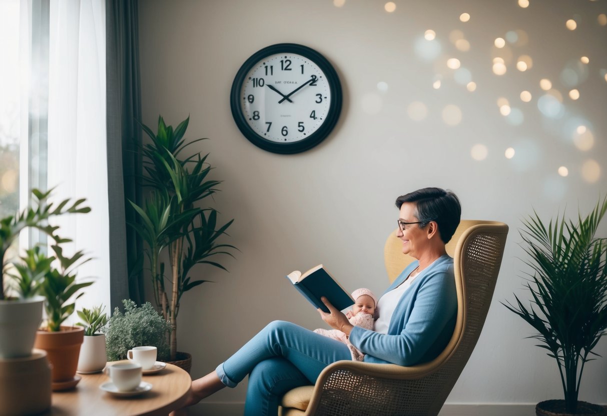 A parent sitting in a cozy chair with a book, surrounded by plants and a cup of tea, while a clock on the wall shows a peaceful afternoon