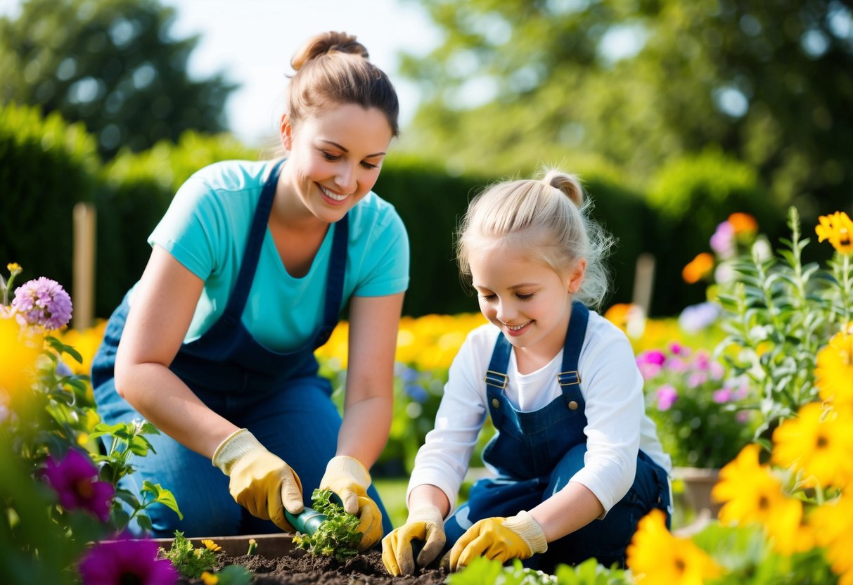 A parent and child gardening together, surrounded by colorful flowers and plants. The sun is shining, and they are both smiling as they work side by side