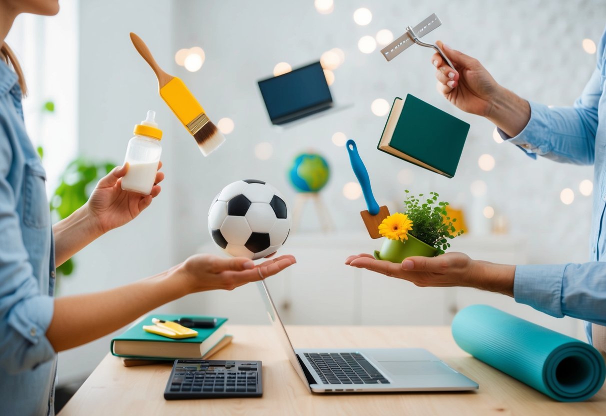 A parent's hands juggling a baby bottle, a laptop, a paintbrush, a soccer ball, a book, a gardening tool, a musical instrument, a yoga mat, and a chef's knife