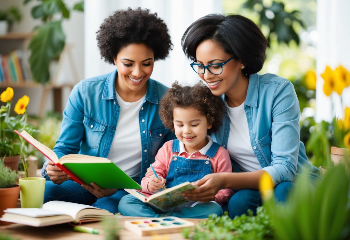 A parent and child engage in various activities together, such as reading, painting, and gardening, while finding ways to make time for their own interests