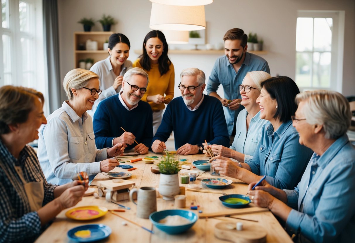 A group of people gather around a table, each engaged in their respective hobbies - painting, knitting, woodworking. Laughter and conversation fill the room as they bond over their shared interests