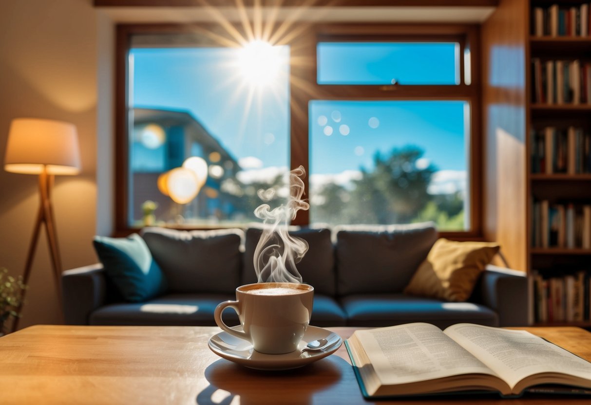 A cozy living room with a sunlit window, a steaming cup of coffee, a bookshelf filled with books, and a peaceful atmosphere