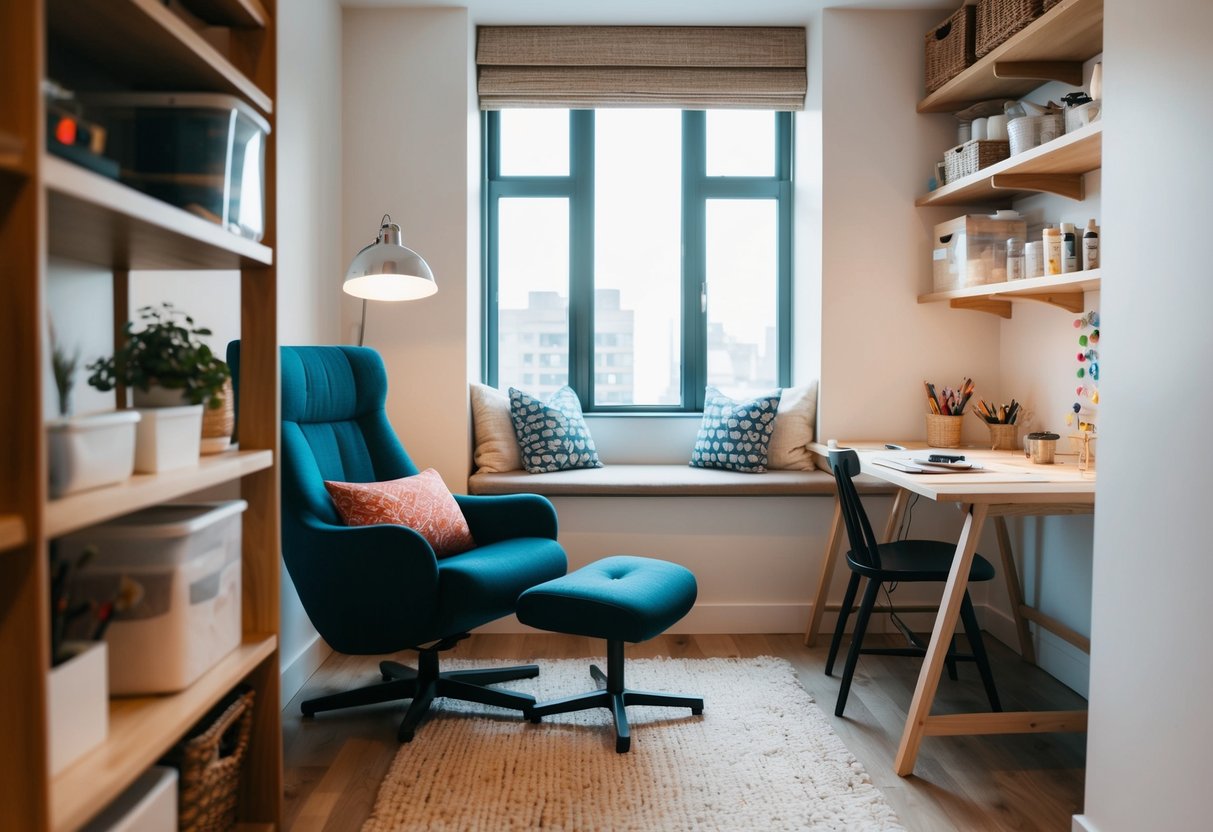 A person setting up a cozy corner with a comfortable chair, a table for hobbies, and shelves for supplies