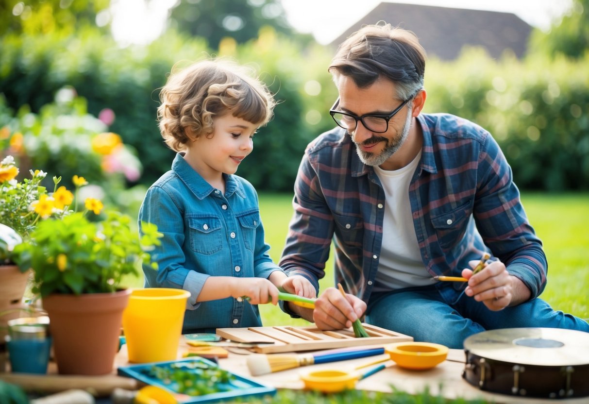 A parent and child engage in various hobbies together, such as gardening, painting, and playing musical instruments, finding a balance between parenting and personal passions