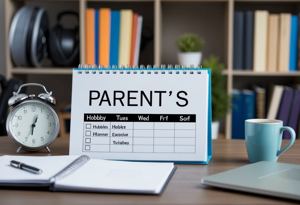 A parent's planner with checkboxes for hobbies, exercise equipment, a clock, a bookshelf with a variety of books, a laptop, and a mug of coffee on a table