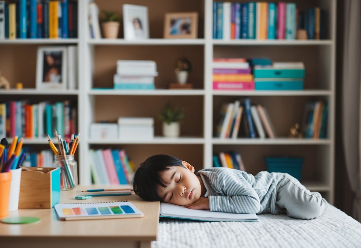 A cozy bedroom with a sleeping child, a desk with art supplies, and a bookshelf filled with parenting and passion pursuit books