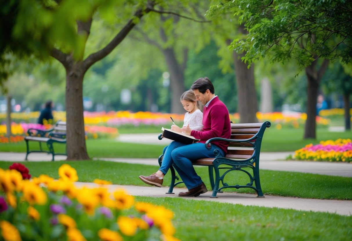 A serene park with a bench surrounded by vibrant flowers and trees, where a parent sits peacefully sketching in a notebook