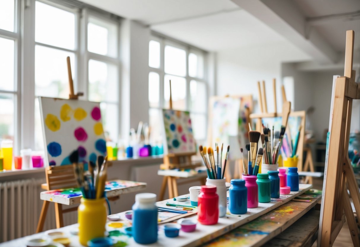 A cozy art studio filled with colorful paints, brushes, and easels. Soft natural light streams in through large windows, illuminating the creative space