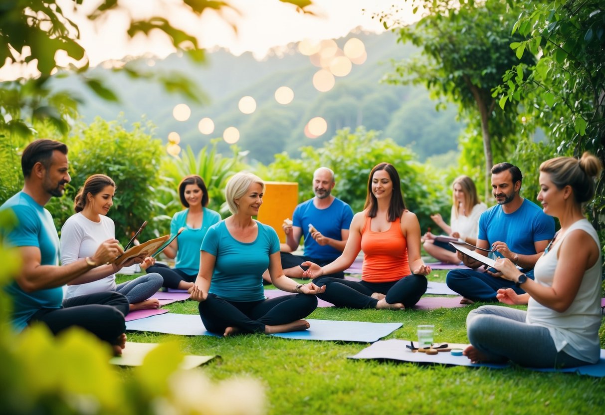 A serene yoga retreat with lush greenery, peaceful surroundings, and a group of parents engaging in various creative activities like painting, writing, and music